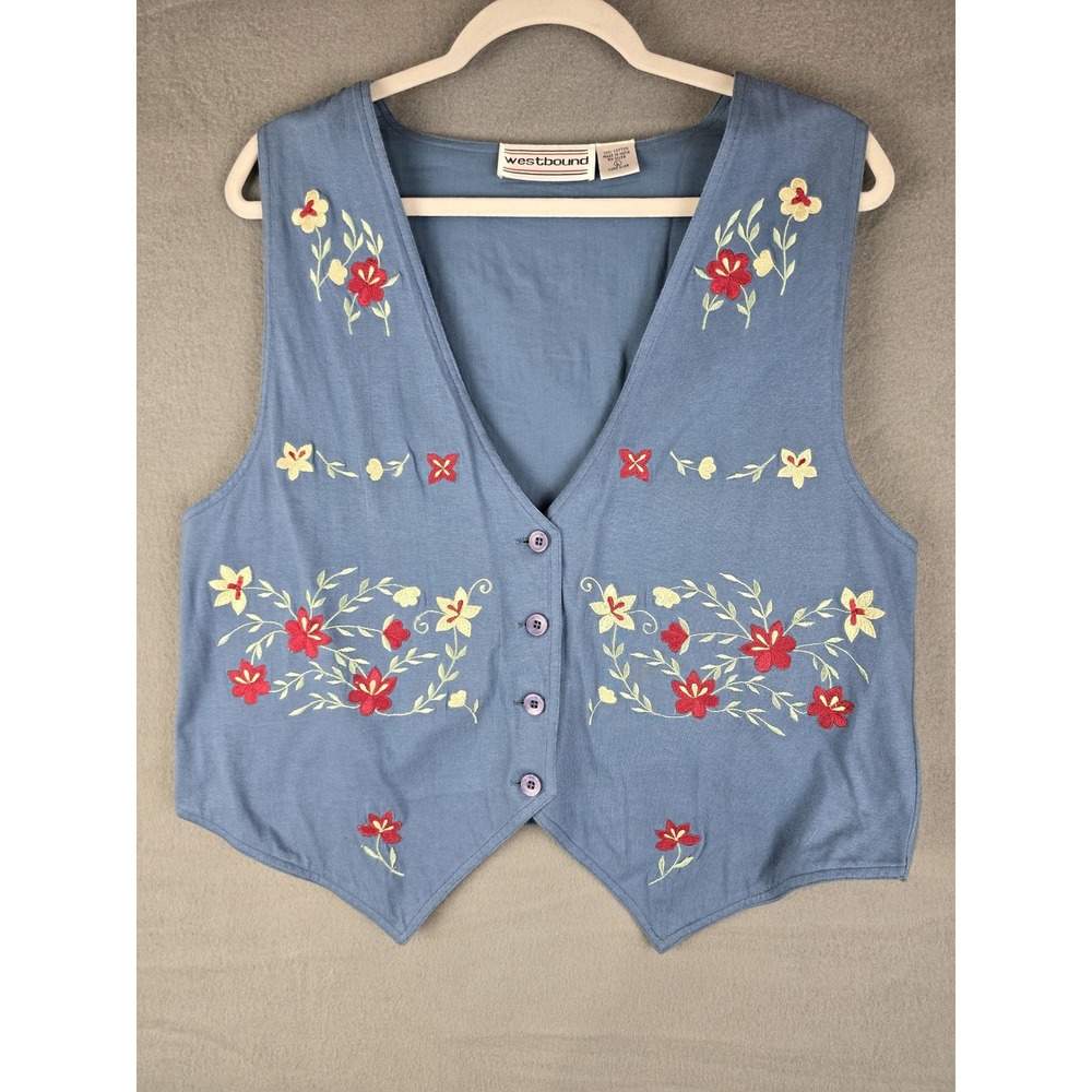 Westbound Vest Women L Blue Floral Embroidered Button Front Cottagecore Grandma